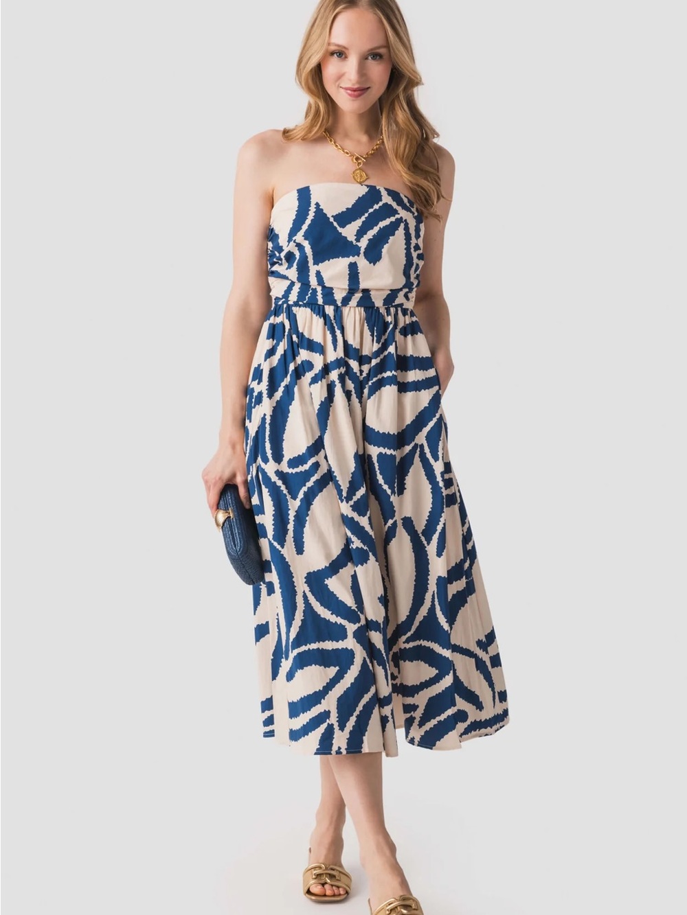 Dress Forum Strapless Blue & Cream Abstract Print Dress Large NWT Flowy Feminine - Picture 2 of 9
